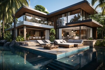 Fototapeta premium A modern home and swimming pool next to the ocean