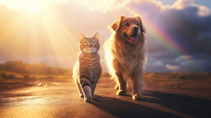 Cat and dog looking at rainbow - concept of pets passing away - obrazy, fototapety, plakaty