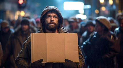 Desperate homeless man with blank cardboard sign, space for copy - obrazy, fototapety, plakaty