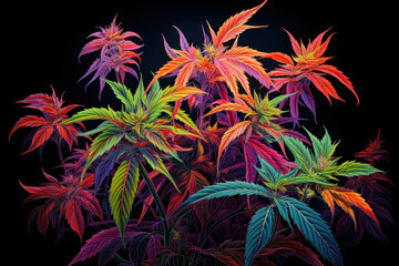 Fototapeta na wymiar Glowing neon-colored cannabis plant on black background, psychedelic art