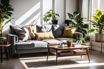 Modern minimalist living room with wooden cushion furniture illuminated by sunlight, generative AI