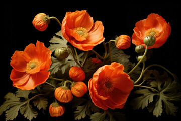 Creative botanical illustration of poppies on black background