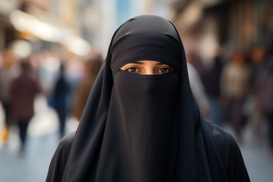 Middle Eastern woman wearing niqab on city street