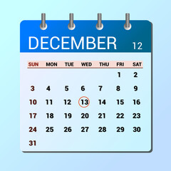 vector page of December month calendar and highlighted date December 13