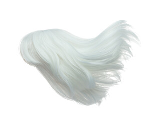 Wind blow short straight Wig hair style fly fall. White dying woman wig hair float in mid air. Short straight elderly old white wig hair wind blow throw. White background isolated detail motion