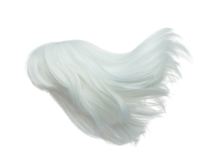 Wind blow short straight Wig hair style fly fall. White dying woman wig hair float in mid air. Short straight elderly old white wig hair wind blow throw. White background isolated detail motion