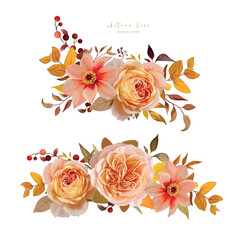 Autumn flowers. Watercolor vector floral bouquet. Fall wedding invite, Thanksgiving greeting card design elements set. Peach yellow rose, dahlia, red berries, orange eucalyptus leaves art illustration