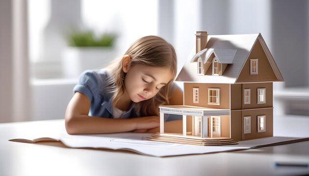 Young pensive girl looking at a cardboard model of a house, isolated on a white background,