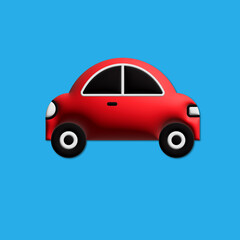 Simple, stylized red cartoon car with black windows and wheels, set against vibrant blue, representing transportation and travel in clean, modern design