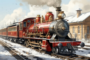 Naklejka premium Fairytale red train in holiday card style. Merry Christmas and Happy New Year