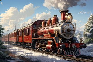 Fototapeta premium Fairytale red train in holiday card style. Merry Christmas and Happy New Year