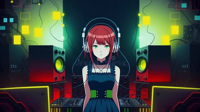 Seamless loop animation. Gothic lo fi anime character DJ girl artist in a black dress with red hair Created with Generative AI seamless loop animation animation. Created using Generative AI Technology