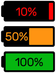 Battery symbols with percentages. Vector signs in several colors