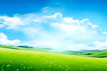Fototapeta na wymiar A green field full of white flowers and a bright sky.