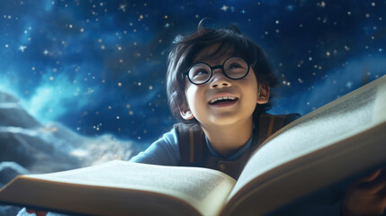 Education for your children concept. A happy boy with a book riding on a cloud in the night sky to explore, learn, and take his own adventure for his success.