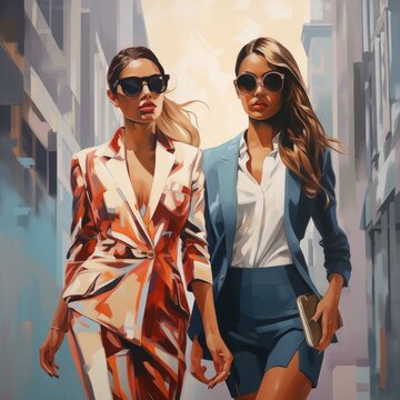 Two fashionable and confident young women in a chic urban setting