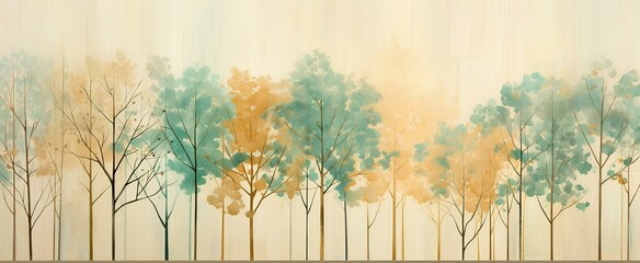 wood, tree, forest plant design illustration. pastel aqua green, beige, light mustard and green. generative AI