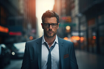 Fototapeta premium Portrait of a handsome man in the glasses and the suit standing on the street of busy city Made with Generative AI