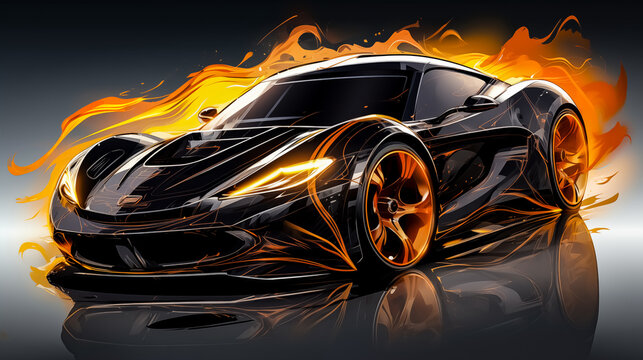 Modern black sports car on fire background with a lot of smoke and flames. 3d rendering, 3d illustration.