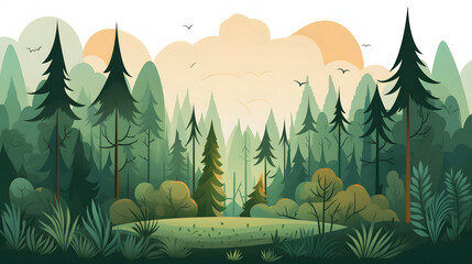 Forrest landscape with trees and grass, nature inspired vector illustration