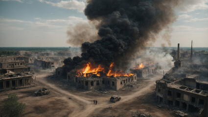 bird's-eye view of burning ruins of deserted destroyed houses in megapolis from bombs or earthquake - obrazy, fototapety, plakaty