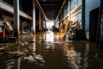 warehouse flooded, industrial building damaged by water - obrazy, fototapety, plakaty