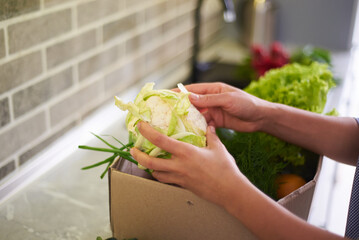 Close-up hands aking fresh organic food products out of box on kitchen counter. Safe contactless...