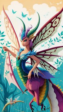 Colorful fantasy dragon with butterfly-like wings, perched gracefully, showcasing a vibrant mix of blue, purple, and golden hues against a whimsical floral background
