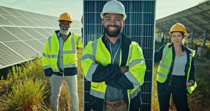 Face, people or team for smile of solar panel, installation or renewable energy for sustainable development. Diverse group, engineer or happy by arms crossed for decision in career, job or occupation