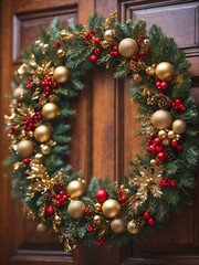 Close-up christmas decorated wreath on a wooden door.