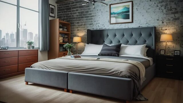 Cozy, modern bedroom with a large bed, upholstered headboard, and exposed brick wall decor, complemented by a cityscape view through the window