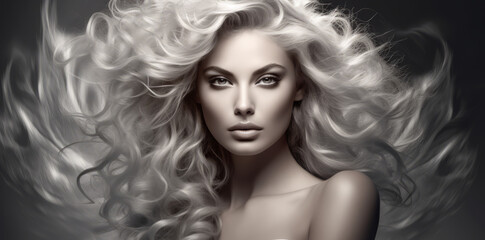 Fototapeta premium A woman with long dyed blue hair. Concept of hair care and coloring, female beauty Portrait of a young beautiful woman with blonde hair