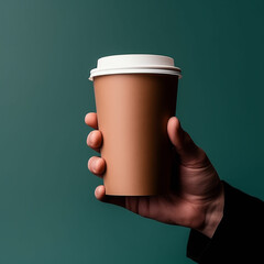 Mockup of male hand holding a paper cup of takeaway coffee