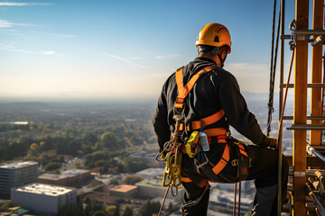 A construction worker is wearing safety equipment and working at height on a construction site,