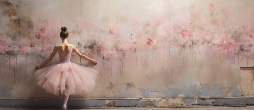 Ballet themed background large copy space, Young beautiful woman ballet dancer, dressed in professional outfit, pointe shoes