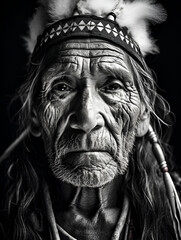 black and white portrait of native American native old man