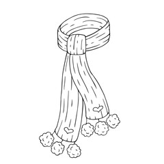 Winter knitted scarf with fur pompoms.Doodle,sketch of winter clothes.Vector graphics.