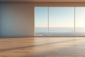 Clean interior with empty copyspace, Interior of empty room with blue wall and vase with flowers, Empty apartment room with wooden floor of beach house. Sea view from windows