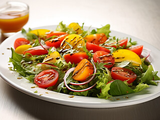 A fresh and colorful salad on a white plate Close-up photo 