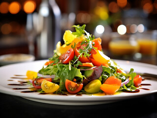A fresh and colorful salad on a white plate Close-up photo 