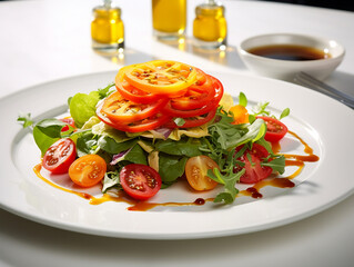 A fresh and colorful salad on a white plate Close-up photo 