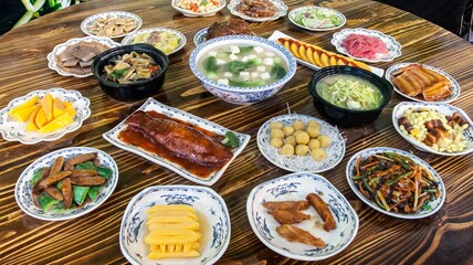 Closeup of various traditional chinese flavor dishes on a table