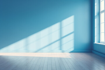 Obraz premium Clean interior with empty copyspace, Interior of empty room with blue wall and vase with flowers, Empty apartment room with wooden floor of beach house. Sea view from windows