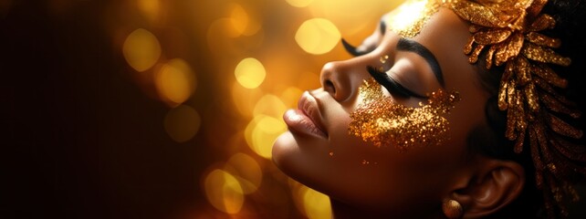 African woman face in gold concept. Dark skin and golden glittering makeup on her body with luxurious vibe for advertisment. - obrazy, fototapety, plakaty