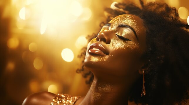 African woman face in gold concept. Dark skin and golden glittering makeup on her body with luxurious vibe for advertisment.