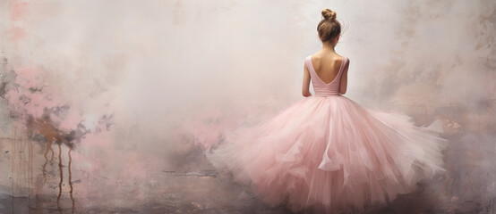Ballet themed background large copy space, Young beautiful woman ballet dancer, dressed in...