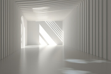 Fototapeta premium White Vertical Glass Striped Wall Background with Reflection Interior Room. A white Empty room Surreal Minimalistic style morning light copy space, Abstract colour background with lines