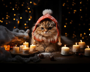Christmas card background for cat lovers, festive cute cat in santa clause costume, christmas tree, candles, parcels and presents. Charming scenery with Christmas elements, heart-warming ambience.