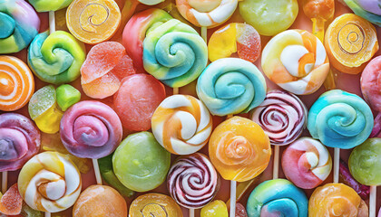 Fototapeta na wymiar Food pattern. Many colorful lollipops. Sweet food and candies background