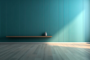 Clean interior with empty copyspace, Interior of empty room with blue wall and vase with flowers, Empty apartment room with wooden floor of beach house. Sea view from windows - obrazy, fototapety, plakaty